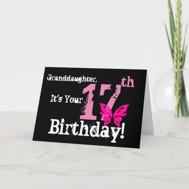 Der 17. Geburtstag der Enkelin, rosa Schmetterling Karte (Vorderseite)