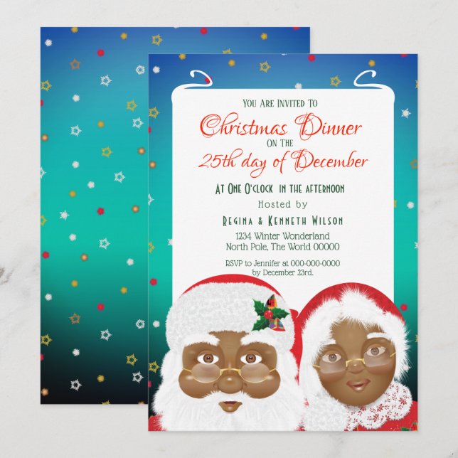 Der afroamerikanische Weihnachtsmann und Frau Clau Einladung (Vorne/Hinten)