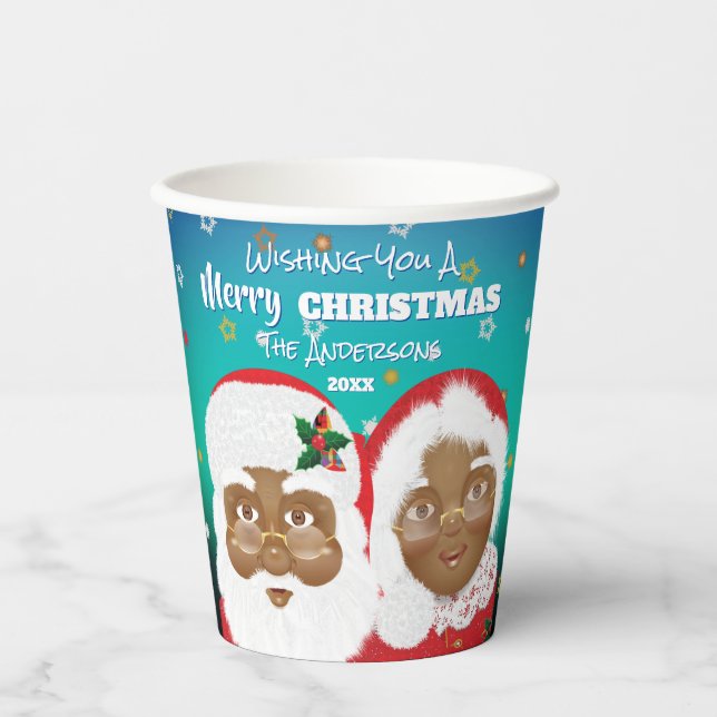 Der afroamerikanische Weihnachtsmann und Frau Clau Pappbecher (Vorderseite)