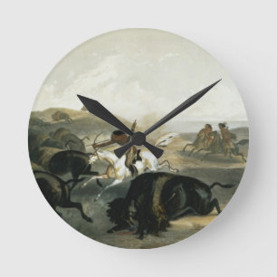 Der amerikanische Ureinwohner, der den Bison jagt, Runde Wanduhr