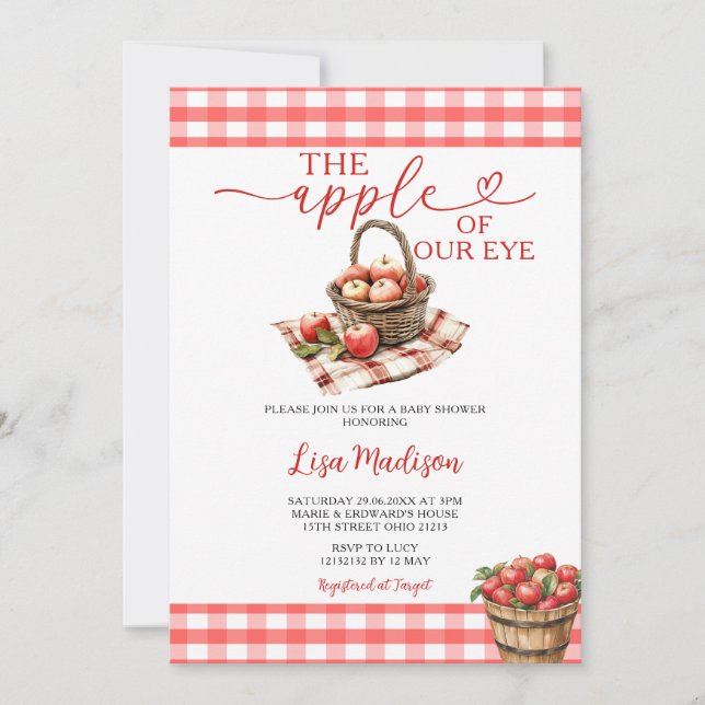 Der Apple The Eye Baby Shower Red Gingham Einladung (Vorderseite)