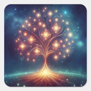 Der Aquarellbaum des Lebens in der Sternmutter Quadratischer Aufkleber