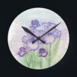 Der Autumn Circus und Art Deco Iris' Runde Wanduhr<br><div class="desc">Original zeichn dieser schönen Iris' wird in Aquarellstift und Acrylfarbe von Linda Ginn gemacht.</div>