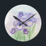 Der Autumn Circus und Art Deco Iris' Runde Wanduhr<br><div class="desc">Original zeichn dieser schönen Iris' wird in Aquarellstift und Acrylfarbe von Linda Ginn gemacht.</div>