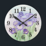 Der Autumn Circus und Art Deco Iris' Runde Wanduhr<br><div class="desc">Original zeichn dieser schönen Iris' wird in Aquarellstift und Acrylfarbe von Linda Ginn gemacht.</div>