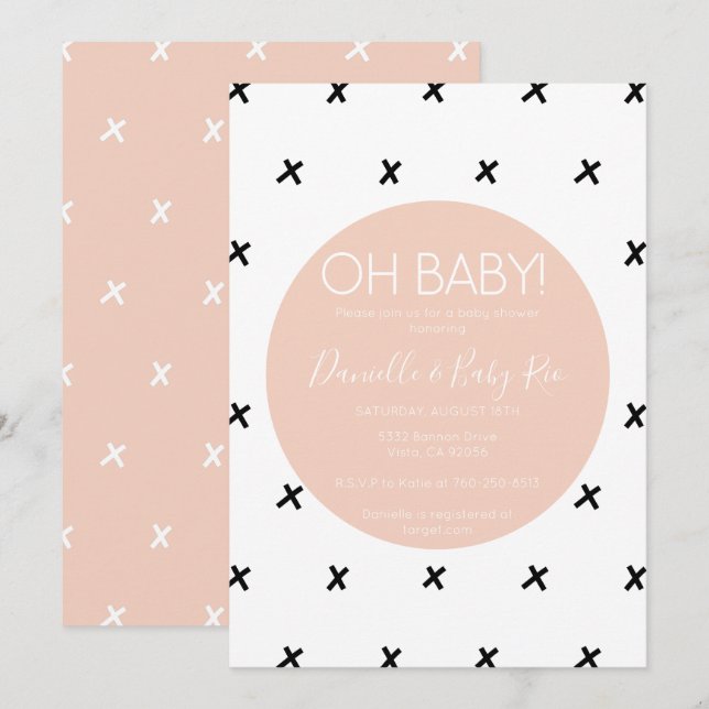 Der Babydusche x modernes Schwarz-weißes rosa Einladung (Vorne/Hinten)
