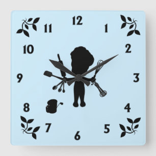 Der Bäcker schüttelt seine Utensils / Werkzeuge bl Quadratische Wanduhr