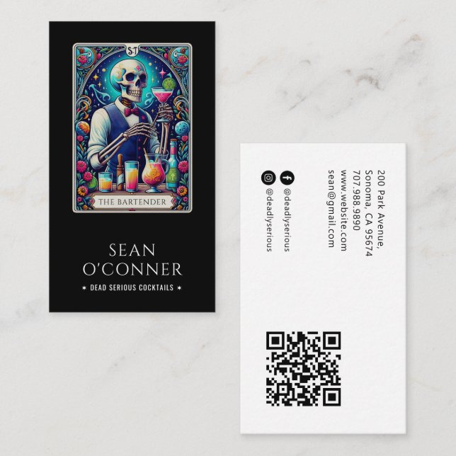 Der Barkeeper Tarot Skelett QR Code Schwarz Visitenkarte (Vorne/Hinten)