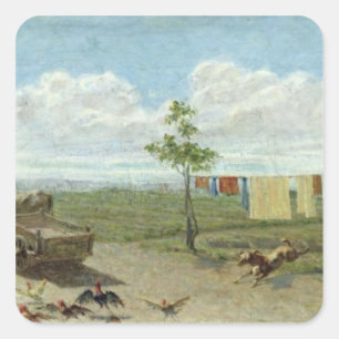 Der Bauernhof (Öl auf Leinwand) Quadratischer Aufkleber
