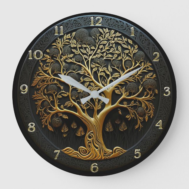 Der Baum des Lebens in Schwarz und Gold große Uhr (Vorderseite)