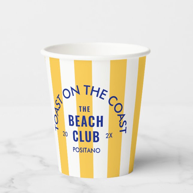 Der Beach Club Toast auf dem gelben Küstenstrich Pappbecher (Vorderseite)