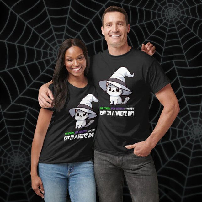 Der bekannte White Hat Cat eines lustigen ethische T-Shirt (Funny Ethical Web Builder's Familiar White Hat Cat T-Shirt Cover Photo (Unisex))