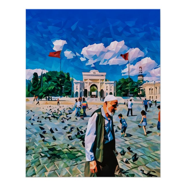 Der belebte Stadtplatz mit Menschen und Flaggen Poster (Vorderseite)