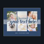 Der benutzerdefinierte Text 6 Fotos sammelt univer Postkarte<br><div class="desc">Skript mit Herz Ihr benutzerdefinierter Text 6 Fotos Collage universelle Postkarte. Personalisierten 6 Familienkollektionen Fotos Universelle Grüße Postkarten mit einer stilvollen Foto-Collage mit 6 personalisierten Bildern, Ihre Grüße in eleganten handgeschriebenen Drehbuch-Schriftart, Ihr Name, Datum, Jahr, Nachricht auf der Rückseite in einem modernen und einfachen klassischen klassischen marineblauen Sans Serif Schriftart....</div>