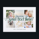 Der benutzerdefinierte Text 6 Fotos sammelt univer Postkarte<br><div class="desc">Skript mit Herz Ihr benutzerdefinierter Text 6 Fotos Collage universelle Postkarte. Personalisierten 6 Familienkollektionen Fotos Universelle Grüße Postkarten mit einer stilvollen Foto-Collage mit 6 personalisierten Bildern,  Ihre Grüße in elegantem handgeschriebenen Skript-Schriftart,  Ihr Name,  Datum,  Jahr,  Nachricht auf der Rückseite in einem modernen und einfachen dunkelgrünen Sans Serif Schriftart.</div>