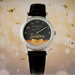 Der beste schwarze Goldbug der Sister World Armbanduhr<br><div class="desc">Elegant, klassisch, glamourös und feminin. Ein Imitat mit goldfarbenem Bogen und Band, ein bisschen Bling und Luxus für einen Geburtstag oder Weihnachtsgeschenk für Ihre Schwester. Chic schwarzer Hintergrund. Mit dem Text: Die beste Schwester der Welt. Goldene Uhrennummern von 9 bis 3. Diese Uhr ist auch in unserem Geschäft mit einem...</div>