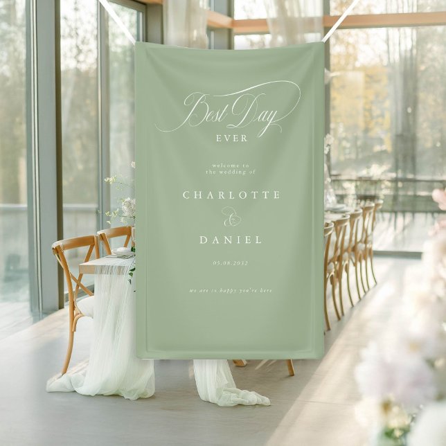 DER BESTE TAG JE! Elegantes, grünes Hochzeitsbanne Banner (BEST DAY EVER! Elegant, Green, Wedding Banner with your names and date.)