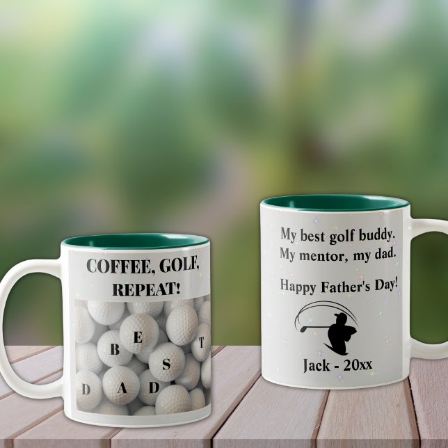 Der beste Vater. Kaffee, Golf, Wiederholung. Zweifarbige Tasse (Personalize to add your names/dates.  Customize to change text, color or style.)