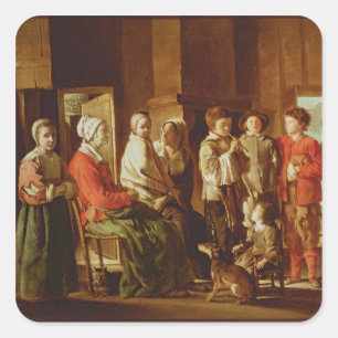 Der Besuch zur Großmutter (Öl auf Leinwand) Quadratischer Aufkleber