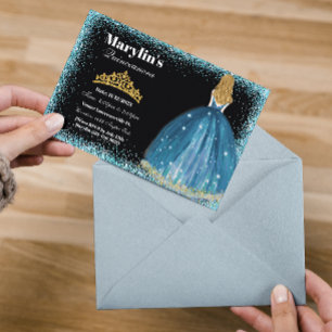 Der bezaubernde türkisfarbene Glitzer Prinzessin Q Einladung