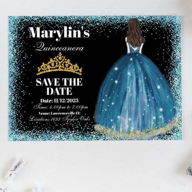 Der bezaubernde türkisfarbene Glitzer Prinzessin Q Save The Date (Von Creator hochgeladen)