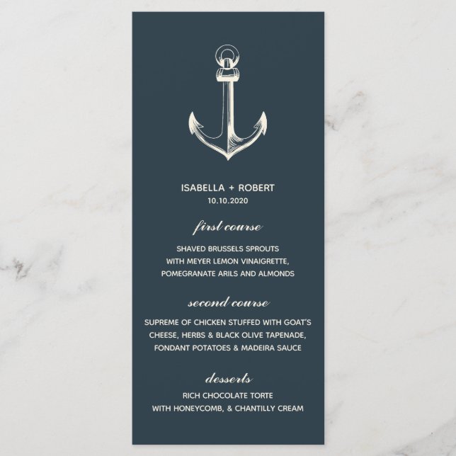 Der blaue Anker | Nautical Wedding Menu Menükarte (Vorderseite)