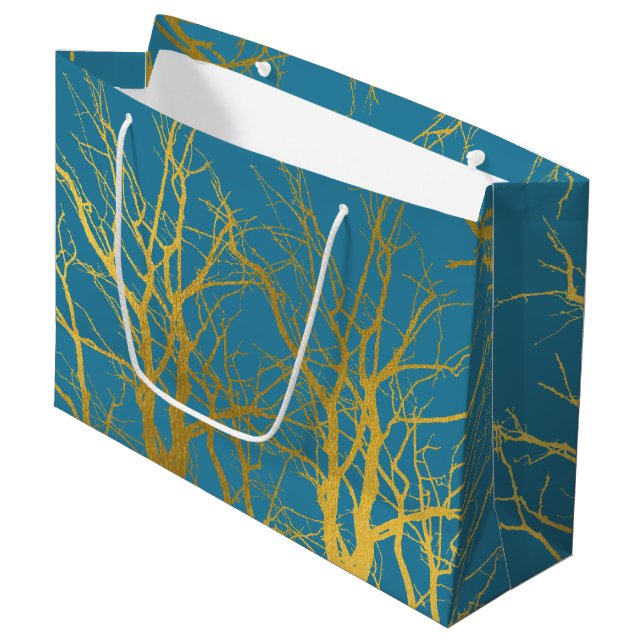 Der blaue Hintergrund der Zweige des Golden Trees Große Geschenktüte (Vorderseite Schrägansicht)