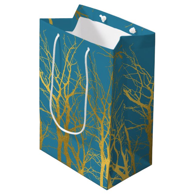 Der blaue Hintergrund der Zweige des Golden Trees Mittlere Geschenktüte (Vorderseite Schrägansicht)