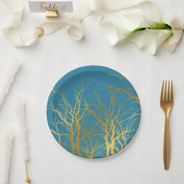 Der blaue Hintergrund der Zweige des Golden Trees Pappteller (Hochzeit)