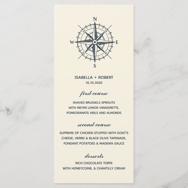 Der blaue Kompass | Nautical Wedding Menu Menükarte (Vorderseite)