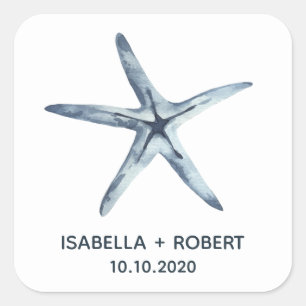 Der blaue Starfish   Hochzeitsmonogramm Quadratischer Aufkleber
