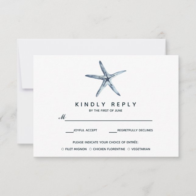 Der blaue Starfish | Hochzeitsrabatt mit Essenswah RSVP Karte (Vorderseite)