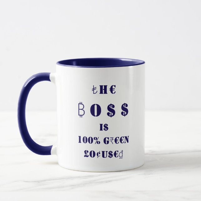 Der Boss ist zu 100% grün fokussiert, globale Währ Tasse (Links)