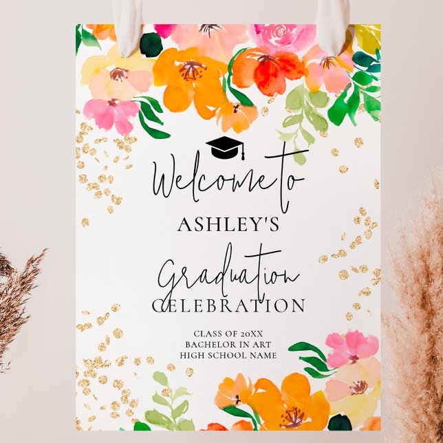 Der botanische Abschluss des Glitzer Gold Poster (Gold glitter floral botanical graduation welcome poster)
