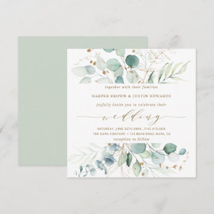 Der botanische Hochzeitsplatz mit Gold und Grün Einladung