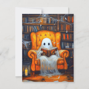 Der bücherliebende Geist   Gemütliche Halloween-Bi Postkarte