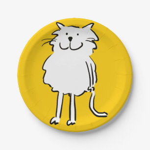 Der Cartoon der Katze. Katze auf einer gelben Plat Pappteller