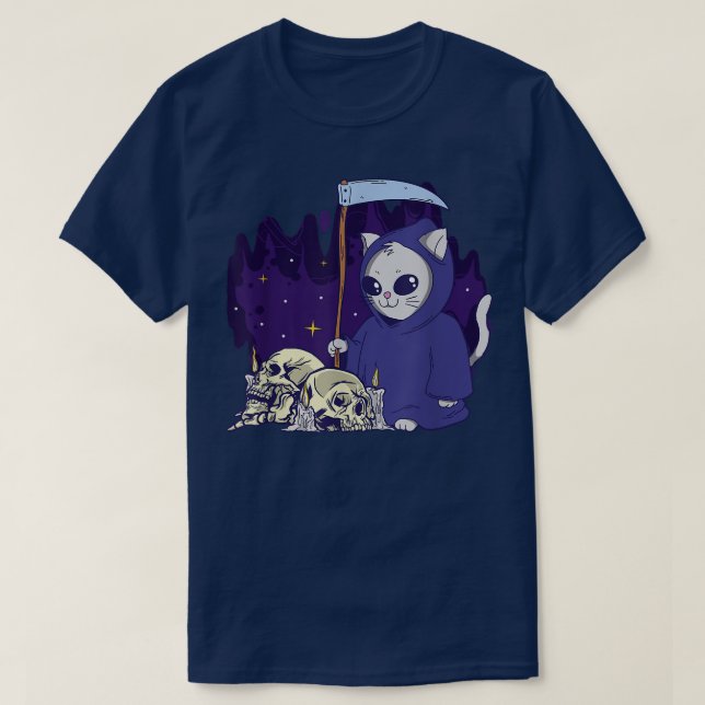 Der Cat Sensenmann Duty Cloaked Skeleton Grim Sens T-Shirt (Design vorne)