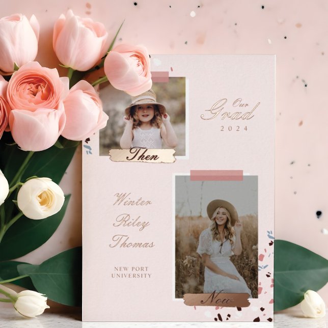 Der damals & Jetzt 2 Foto Abschluss Terrazzo Folieneinladung (The Grad Then & Now 2 Photo Graduation Terrazzo Foil Invitation)