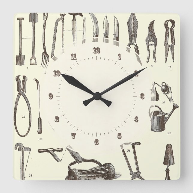 Der elegante Garten - Antique Garden Tools Quadratische Wanduhr (Vorderseite)