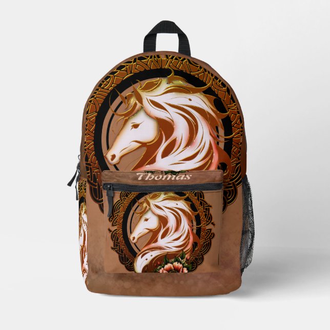 Der elegante Pferdekopf mit Blume geschmückt. Bedruckter Rucksack (Vorderseite)