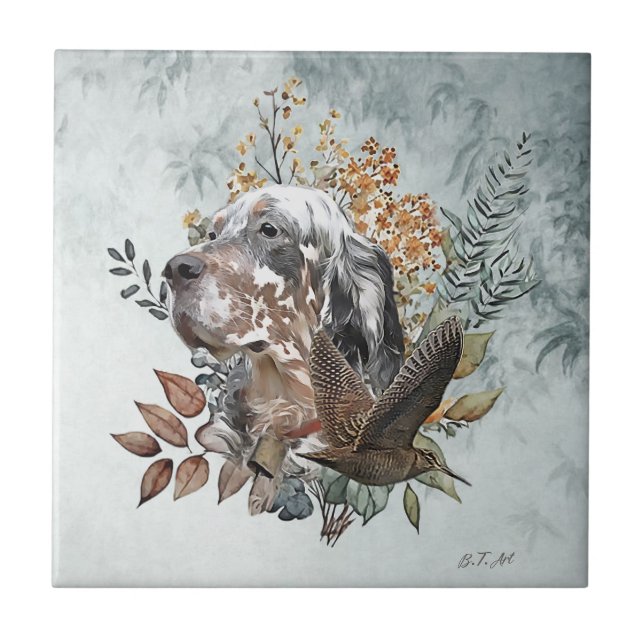 Der englische Setter , Die Jagd auf die Woodcock , Fliese (Vorderseite)