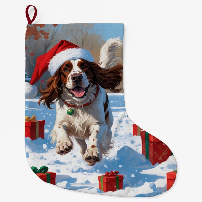 Der englische Setter läuft im Schnee mit Weihnacht Großer Weihnachtsstrumpf (Vorderseite)