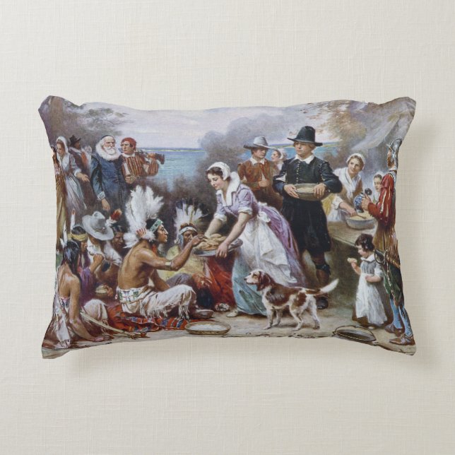 Der erste Erntedank von Jean Ferris c. 1912 Dekokissen (Vorderseite)