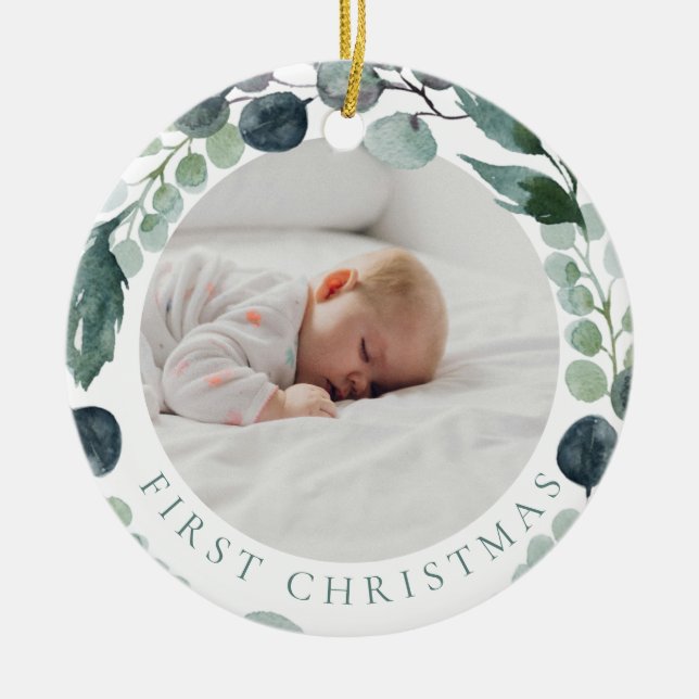 Der erste Eukalyptuskranz des Babys im Foto Keramik Ornament (Vorne)