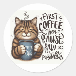 Der erste Kaffee dann die Pflastersteine Runder Aufkleber