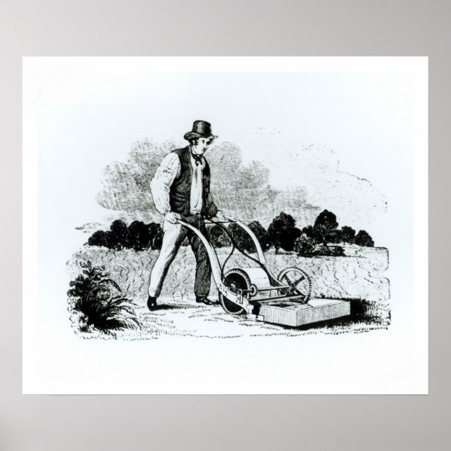 Der erste Rasenmäher (Gravur) (b/w-Foto) Poster (Vorne)