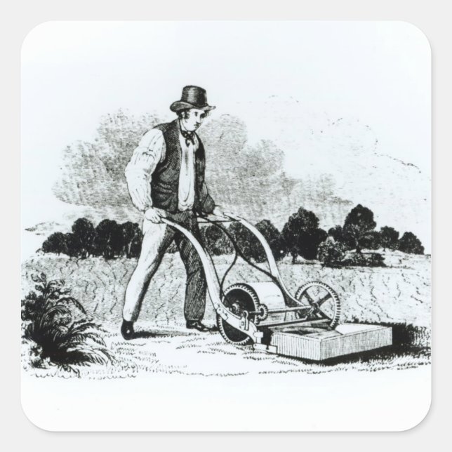 Der erste Rasenmäher (Gravur) (b/w-Foto) Quadratischer Aufkleber (Vorderseite)