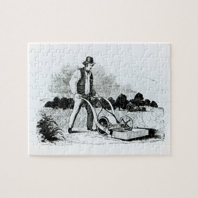 Der erste Rasenmäher (Stich) (b/w Foto) (Horizontal)