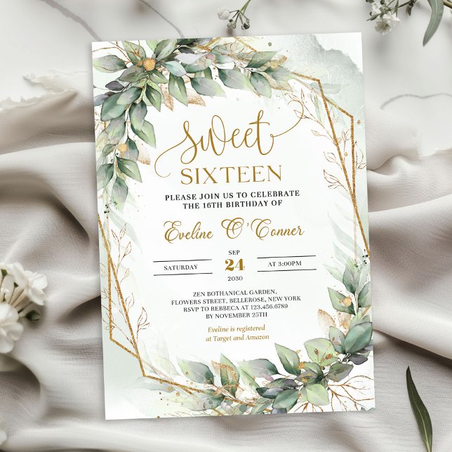 Der Eukalyptus und der Goldmedaille 16 . Geburtsta Einladung (Chic watercolor green eucalyptus and gold sweet sixteen invitation digital)
